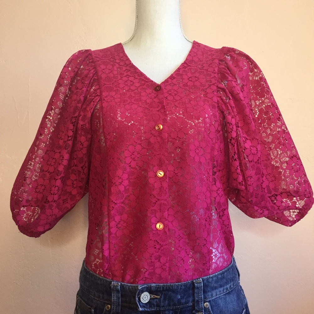 80s Pink Lace Puff Sleeve Blouse